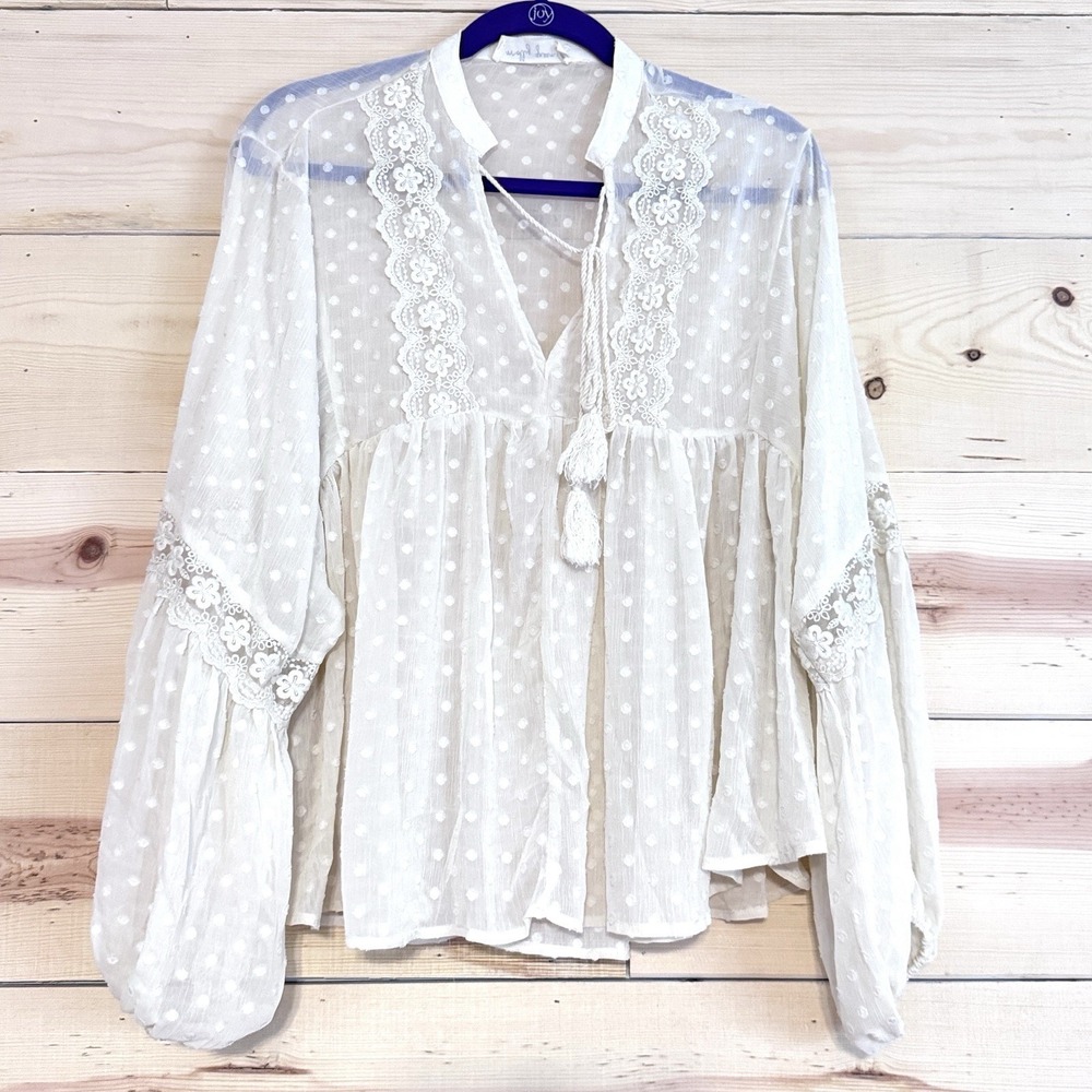 Molly Green Blouse Womens Large White Swiss Dot Sheer Boho Peasant Lace
